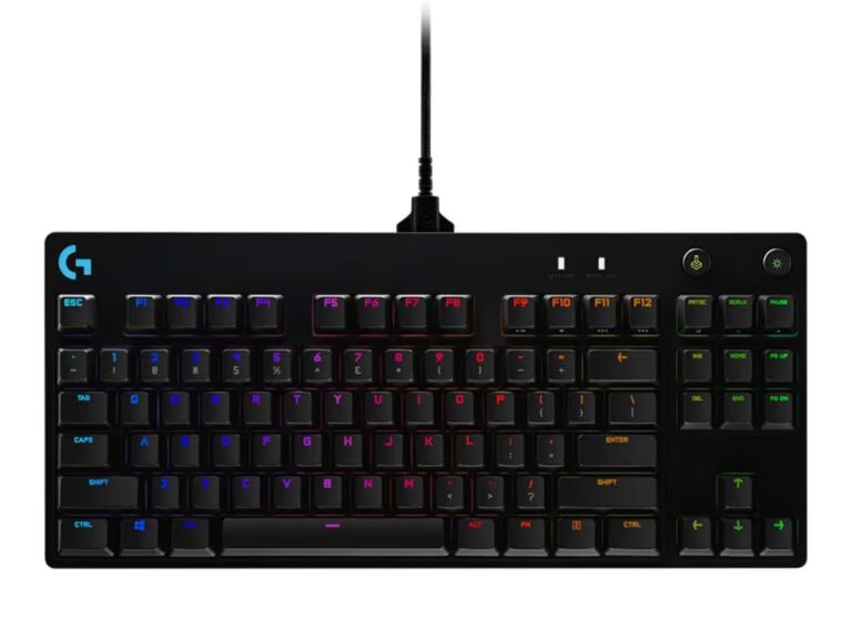 Teclado Mecânico Gamer Logitech G PRO com Layout US, RGB LIGHTSYNC, Design TKL, Cabo Destacável e Switch Exclusivo GX Blue Clicky