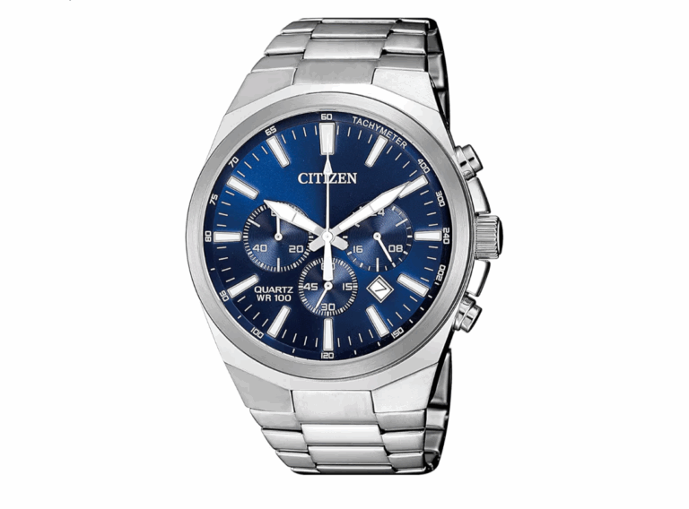 Citizen Relógio masculino clássico cronógrafo de quartzo, aço inoxidável, Pulseira de prata, mostrador azul, Pulseira clássica de aço inoxidável com cronógrafo de quartzo prateado