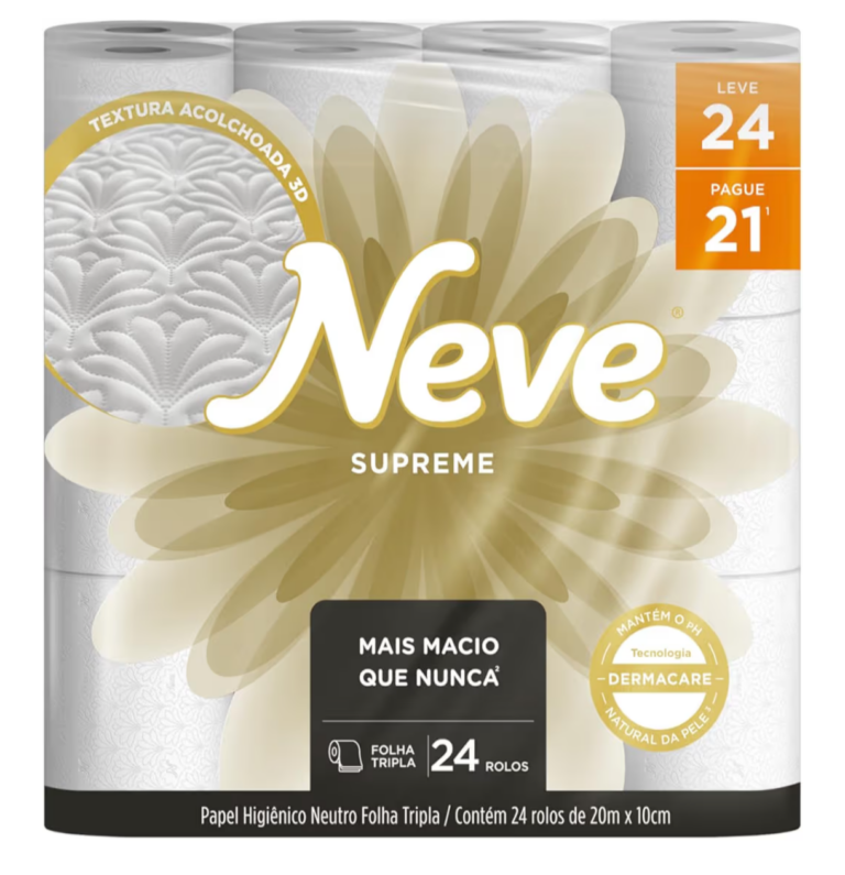 Neve Papel Higiênico Supreme Folha Tripla, 20m, Leve 24 Pague 21 Rolos